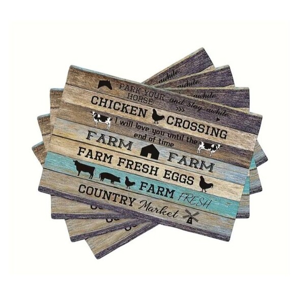 4 Piece Placemat Set Farmhouse 12x18in Woven Polyester Chicken Crossing Country - Picture 1 of 2